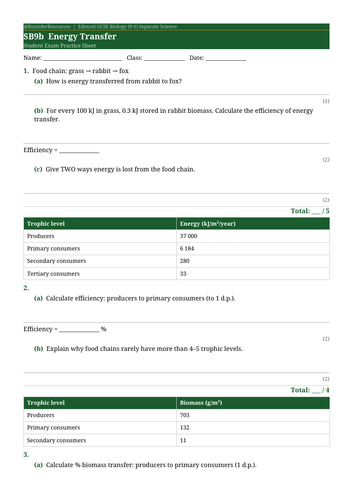 SB9b Energy Transfer | Edexcel GCSE Biology Topic Mastery Pack