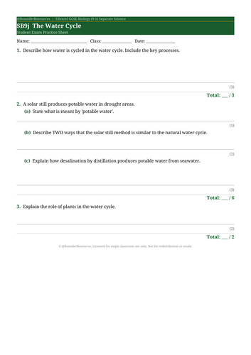 SB9j The Water Cycle | Edexcel GCSE Biology Topic Mastery Pack ...