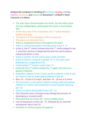 Bach Violin Concerto in A Minor Analysis AQA A-Level Music
