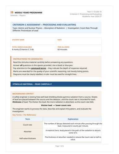 MYP Grade 10 Physics: 3 Criterion C Assessment Tasks - Atomic and ...