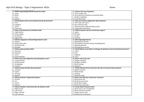 AQA GCSE Biology Topic 2: Organisation – 20 Multiple Choice Questions ...
