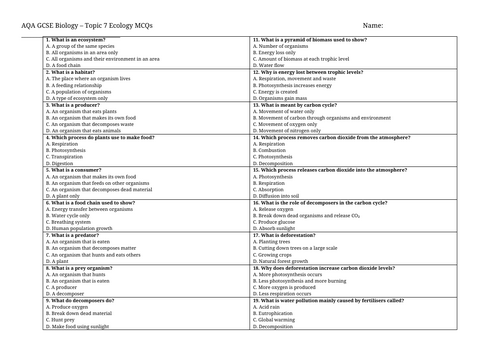 AQA GCSE Biology Topic 7: Ecology – 20 Multiple Choice Questions and ...