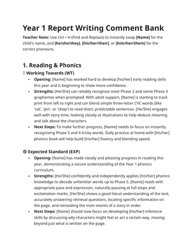 Year 1 Report Writing Comment Bank - Curriculum Differentiated English, Maths, Science, Foundations