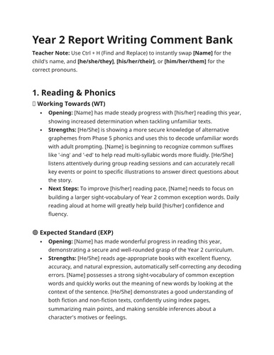 Year 2 Report Writing Comment Bank - Curriculum Differentiated English, Maths, Science, Foundations