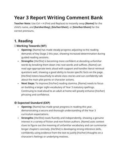Year 3 Report Writing Comment Bank - Curriculum Differentiated English, Maths, Science, Foundations