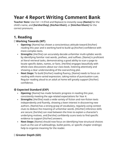 Year 4 Report Writing Comment Bank - Curriculum Differentiated English, Maths, Science, Foundations
