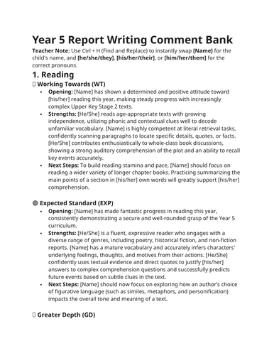 Year 5 Report Writing Comment Bank - Curriculum Differentiated English, Maths, Science, Foundations