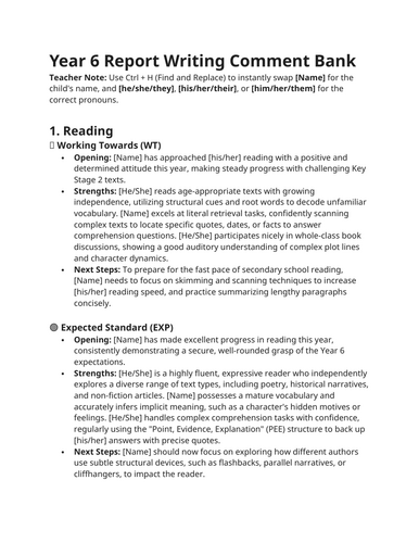 Year 6 Report Writing Comment Bank - Curriculum Differentiated English, Maths, Science, Foundations