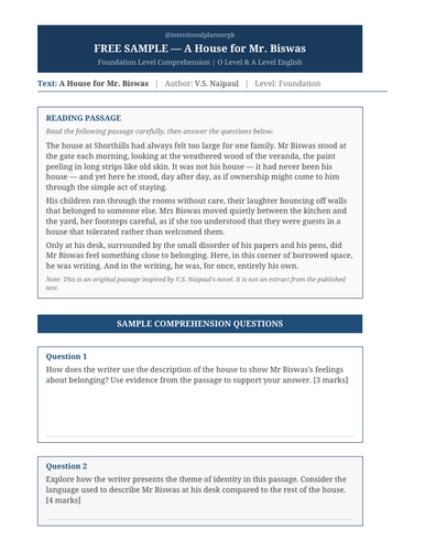 FREE — A House for Mr. Biswas | Foundation Comprehension Sample | O ...