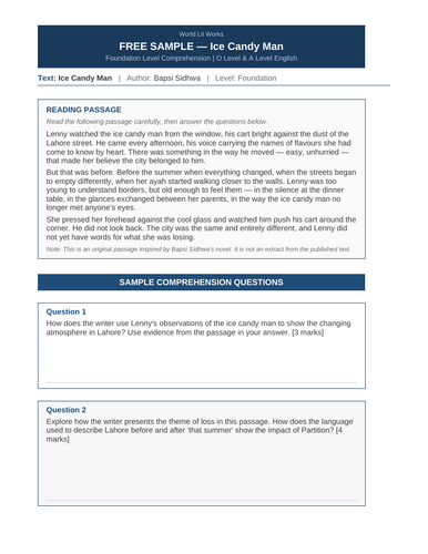 FREE — Ice Candy Man by Bapsi Sidhwa | Foundation Comprehension Sample ...