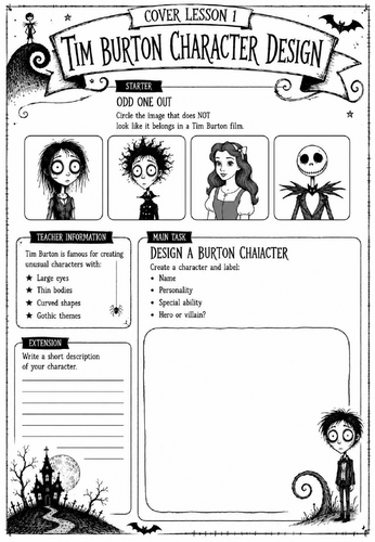 Tim Burton KS3 Art Cover Lesson | Character Design Drawing Activity