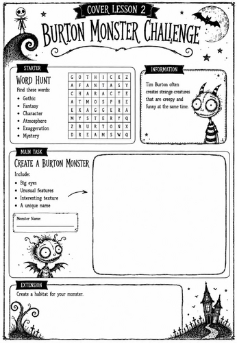 Tim Burton KS3 Art Cover Lesson | Burton Monster Challenge Drawing Activity