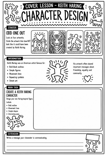 Keith Haring Character Design | KS3 Art Cover Lesson | Artist-Inspired Drawing Worksheet