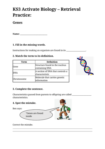 KS3 Activate Biology – Retrieval Practice: Genes (Answers Included ...