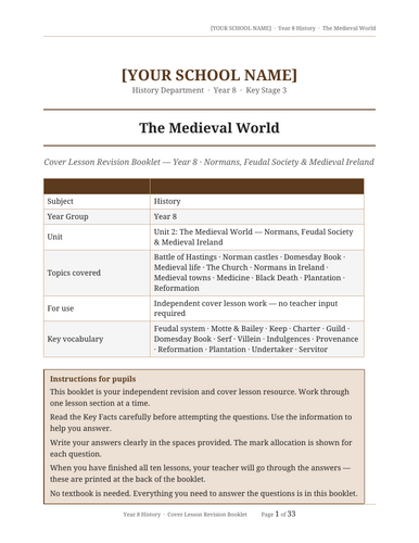 Year 8 History Cover Lesson Revision Booklet —  The Medieval World (term 2)