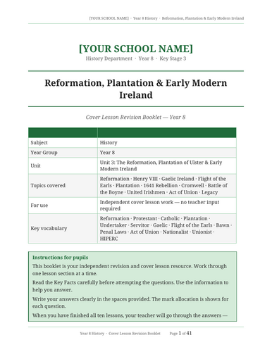 Year 8 History Cover Lesson Booklet — Reformation, Plantation & Early Modern Ireland (term 3)
