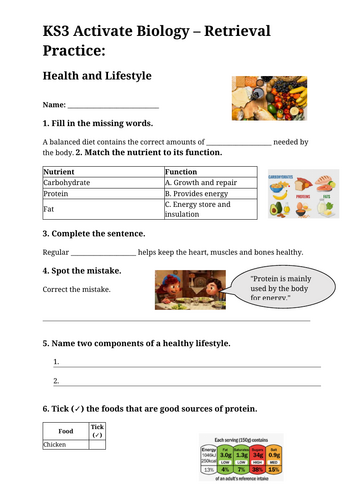 KS3 Activate Biology – Retrieval Practice: Health and Lifestyle ...