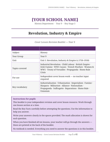 Year 9 History Cover Lesson Revision Booklet — Term 1: Revolution, Industry & Empire