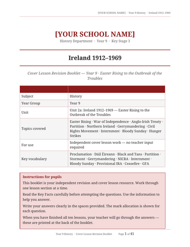 Year 9 History Cover Lesson Revision Booklet — Term 2: Ireland 1912–1969