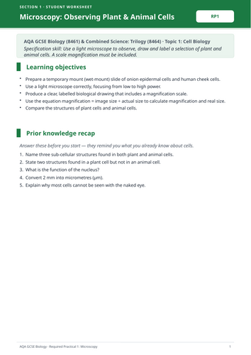 AQA Required practical 1: microscopy - complete student and teacher pack (WS, answers and assessment