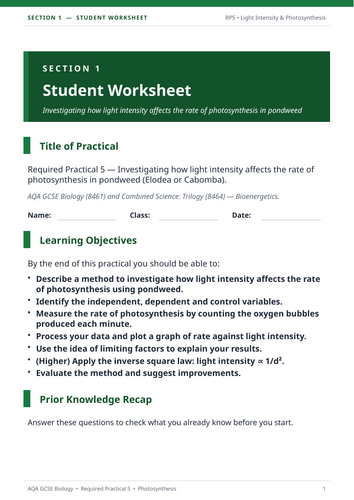 AQA KS4 Required Practical 5 - photosynthesis (Bioenergetics)