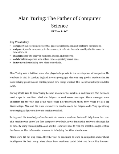 Alan Turing: The Father of Computer Science Reading Comprehension ...