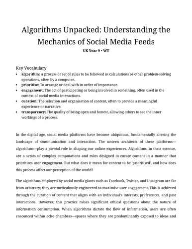 Algorithms Unpacked: Social Media Feeds Reading Comprehension | Year 9 ...