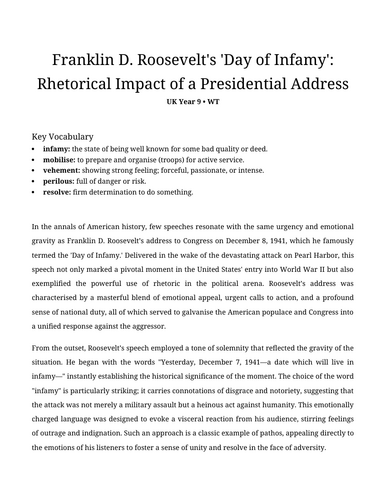 Franklin D. Roosevelt's 'Day of Infamy' Rhetorical Impact Reading ...