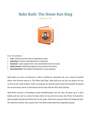 Babe Ruth: The Home Run King Reading Comprehension | Year 4 (KS2 ...