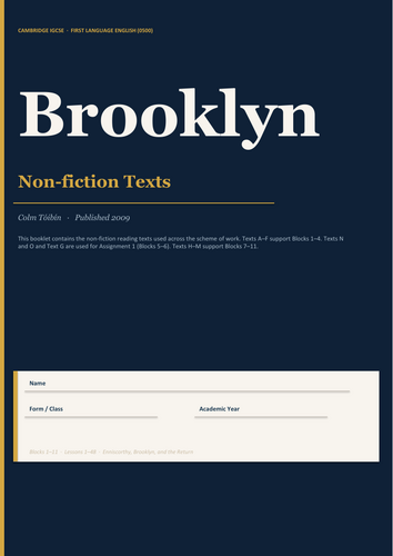 Brooklyn by Colm Toibin - Full Year Study - 0475 & 0500 [IGCSE