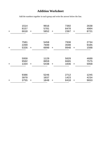 Advanced 4-Digit Column Addition Worksheets | Teaching Resources