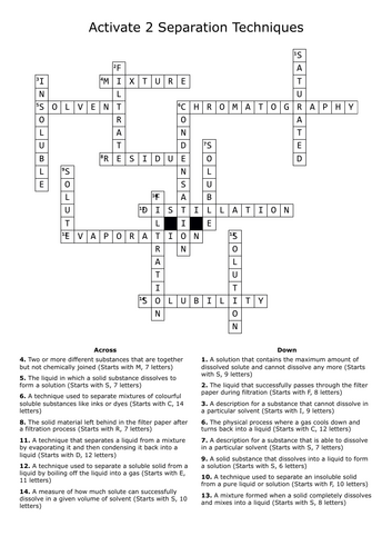 Revision Crossword Activate 2 Separation Techniques