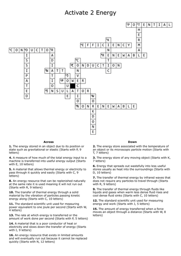 Revision Crossword  Activate 2 Energy topic