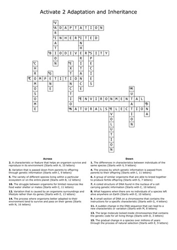 Revision Crossword  Activate 2 Adaptation and Inheritance