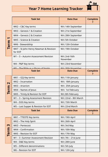 KS3 RED Y7 Home Learning Tracker