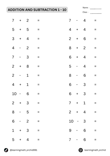 15-Page Addition & Subtraction Drill Worksheets (Numbers 1-10)