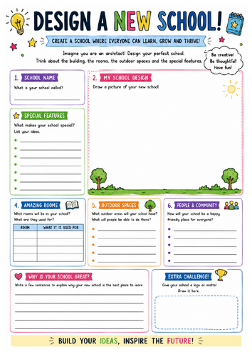 KS2 Design a New School Worksheet Creative End of Year STEM and Writing ...