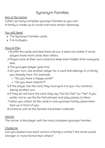 Synonym Card Game | Happy Families Style | Vocabulary & Word Choice ...