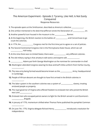 American Experiment Ep 2: Declaration of Independence - Worksheet & Key ...
