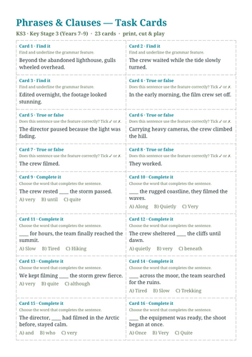 KS3 Phrases & Clauses Task Cards – 23 Grammar Cards + Answer Key ...