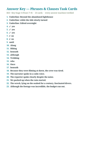 KS3 Phrases & Clauses Task Cards – 23 Grammar Cards + Answer Key ...