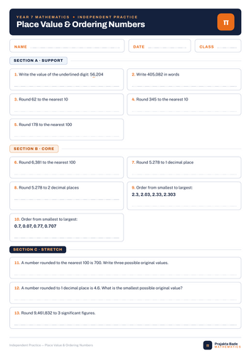 Year 7 Maths | Place Value | Independent Practice worksheet