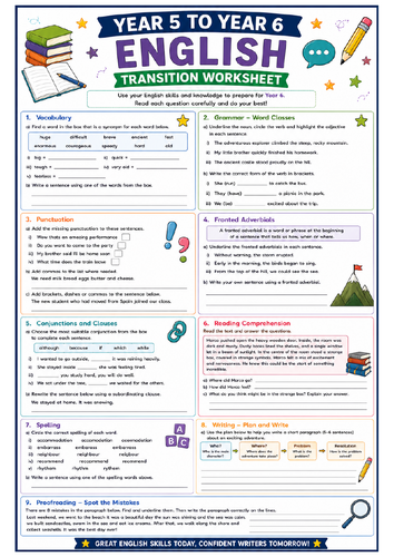 Year 5 to Year 6 English Transition Worksheet | End of Year English ...
