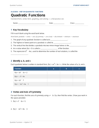 Quadratic Functions Worksheet: Vertex Form, Factoring & Quadratic Formula