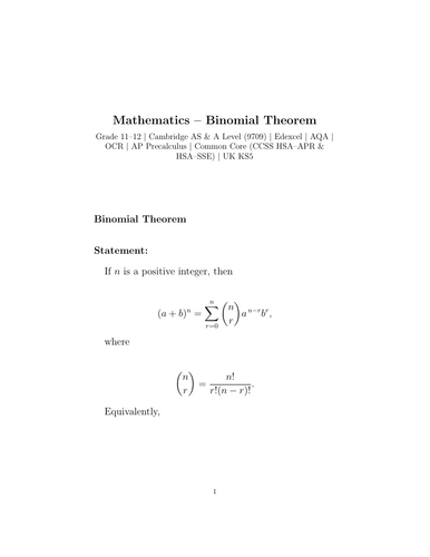 Mathematics – Binomial Theorem Grade 11–12 | Cambridge AS & A Level (9709) | Edexcel | AQA | OCR |