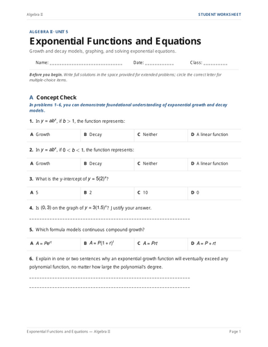 Exponential Functions & Equations Worksheet + Answer Key
