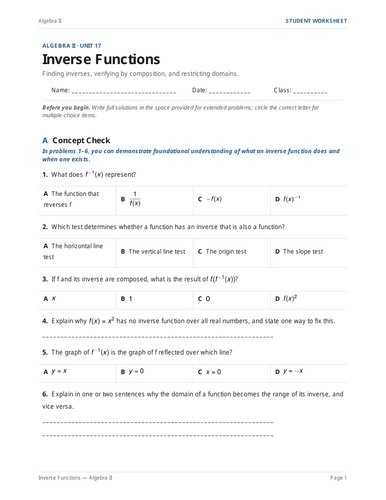 Inverse Functions Practice & Key