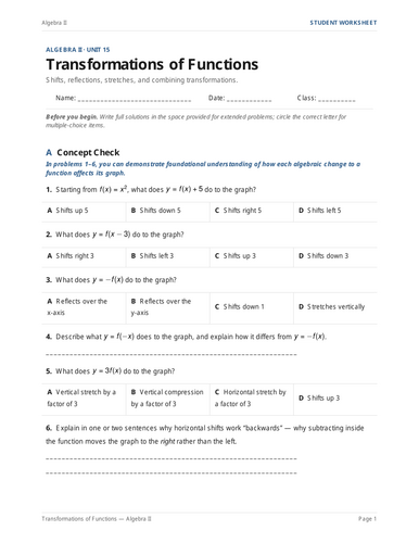 Transformations of Functions Practice & Key