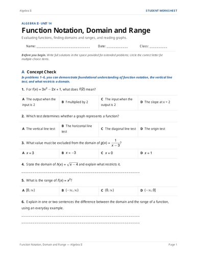Function Notation, Domain and Range Practice & Key