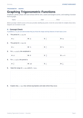 Graphing Trigonometric Functions Practice & Key